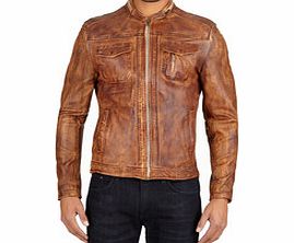 Tan collarless leather biker jacket