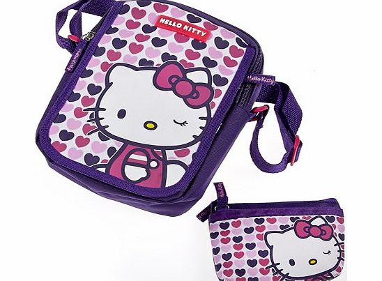 Hello Kitty  CHILDRENS PURPLE amp; PINK HEARTS SHOULDER PACKED LUNCH SCHOOL NURSERY BAG amp; PURSE SET