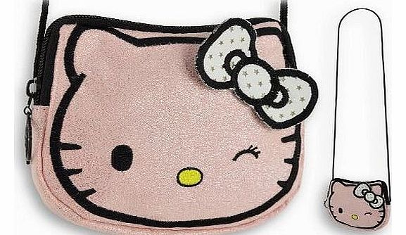 Official Sanrio Hello Kitty Soft Cross Body Shoulder Bag Pouch Shiny Metallic Pink Faux Suede Super Cute Winking Face