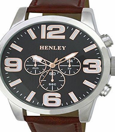 Henley Large Case Fashion Watch with Decorative Multi-Eye Dial Mens Quartz Watch with Black Dial Analogue Display and Brown PU Strap H0208414
