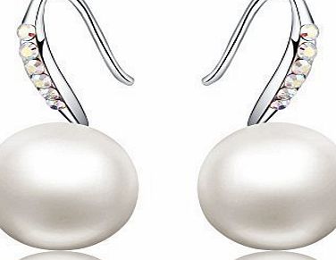 HERLINA Platinum Plated - 10mm Natural Shell Pearl - Austrian Crystal Swarovski Earrings For Women