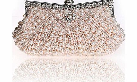 Women Lady Elegant Wedding Bridal Evening Party Clutch Handbag Purse Pink Champagne Full Pearl Beaded Rhinestone Bag