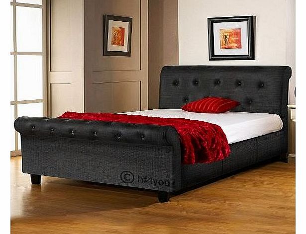 Hf4you Chenille Upholstered Buckingham Sleigh Bedstead - 4ft 6`` Double - Orthopaedic Sprung Mattress (Jet Black)