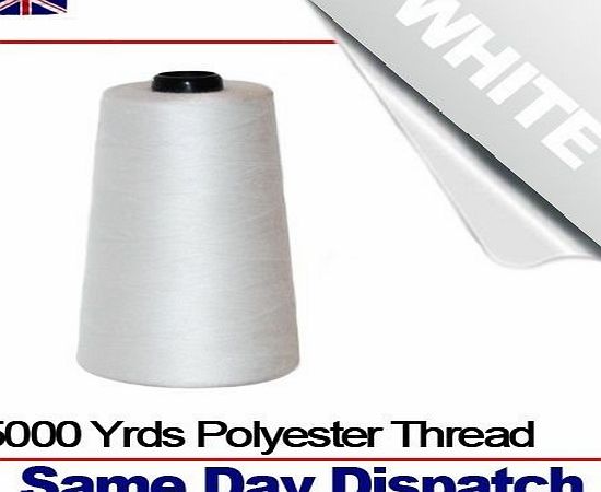 HighQualityThread 1 x 5000m CONE - ** CHOOSE COLOUR ** UP TO 30 COLOURS - Polyester Sewing Machine amp; Overlock Overlocker Thread ** Choice of Colours ** (White)