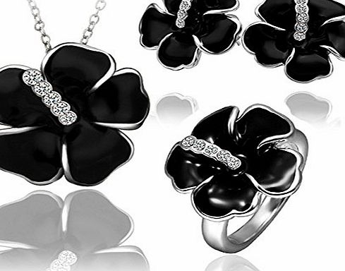 Himanjie 18k Platinum plating Woman Black Flower Design Crystal Necklace Earring Ring Set Jewelry With velvet pouch