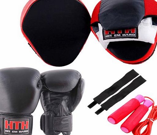 Hit Em Hard  Real Leather Focus Pads Hook and Jabs 14oz Boxing Gloves 8oz/10oz/12oz/14oz MMA Training Set Martial Arts Gym Sparring UFC