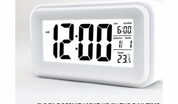HITO 6`` Alarm Clock w/ Date and Temperature Display, Snooze, White Background Light (at night), Touch-activated Light - Battery backup/USB powered (White)