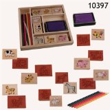 HNW Stamp set `Farm animals` with 8 stamps, stamp pad and coloured crayons