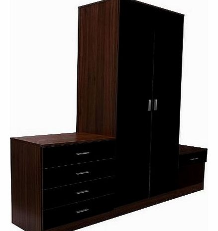 High Gloss 3 Piece Trio Bedroom Furniture Set Wardrobe + Chest + Bedside Walnut & Black
