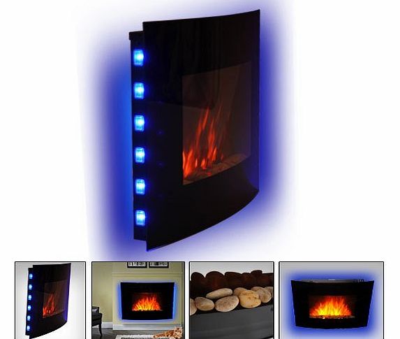  LED CURVED GLASS ELECTRIC WALL MOUNTED FIRE PLACE FIREPLACE 7 COLOUR SIDE LIGHTs SLIMLINE PLASMA FAN HEATER