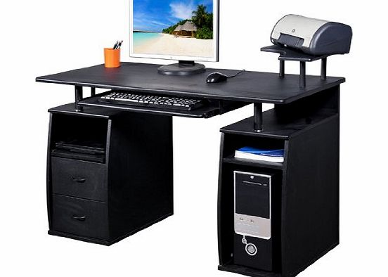 Homcom Large Black Wooden Office Computer PC Table Desk Desktop Home Study Furniture with 2 Drawers and 4 Shelves NEW