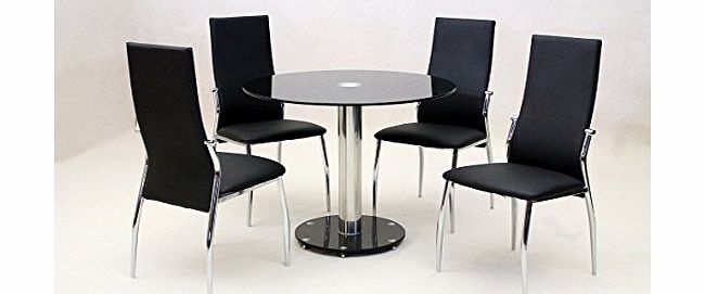 Home Gift Garden HGG 5pc Black Glass Round Dining Table Set with 4 x Black Dining Chairs - Round Table - Table with 4 Chairs - Glass Dining Table