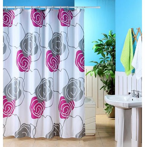 Fuchsia/Silver/White Metallic Flower Polyester Shower Curtain with Hooks