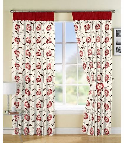 Luxury Flower Design Ready Made Fully Lined Curtains Red 66`` x 54``