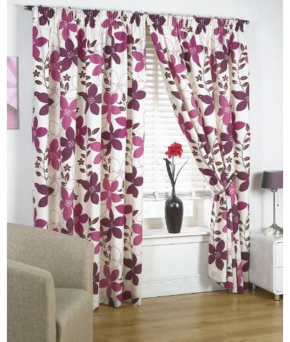 Ready Made Curtains Lined Printed Flower Design Plum 46`` x 54``