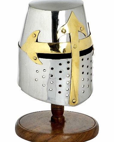 Home Works CRUSADER Mini Knights Helmet - Handmade Fine Detailed Metal Replica with Wooden Stand