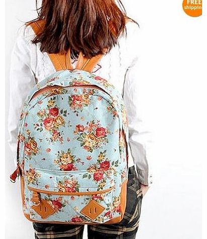 Blue Canvas Rucksack Vintage Flower Backpack School Campus Book Bag