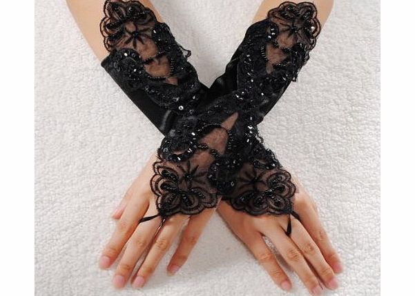 homeking Sexy Bride Wedding Party Fingerless Pearl Lace Satin Bridal Gloves Fancy,Black