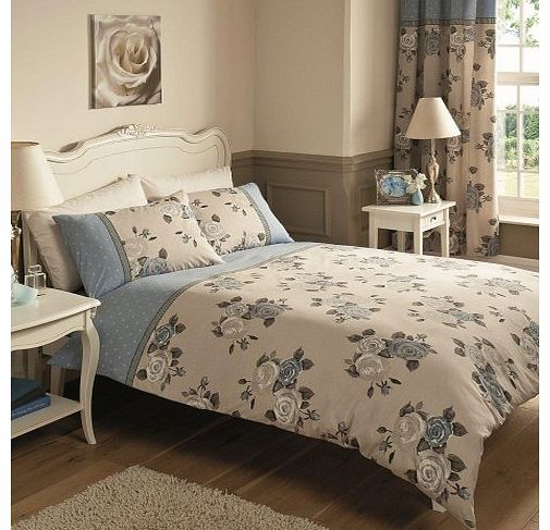 BLUE ROSE BOUQUET FLOWER - DOUBLE BED SET SHEET & CURTAINS 66 x 72``
