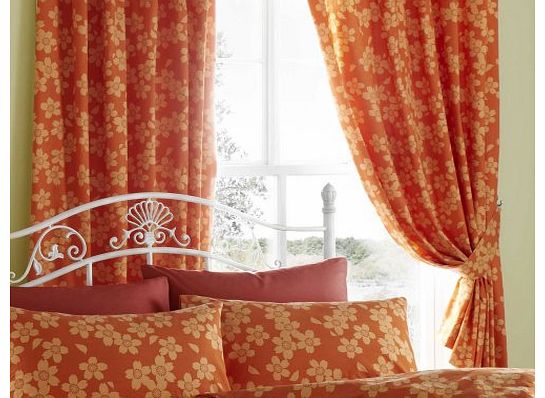 PAIR OF LINED CURTAINS 66 x 72`` WITH TIE BACKS - AMBER FLOWER DESIGN