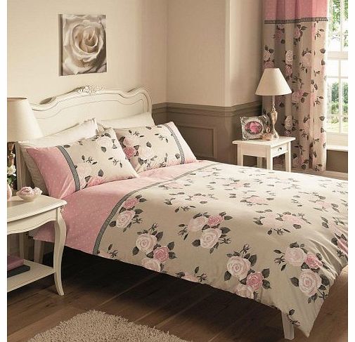 PINK ROSE BOUQUET FLOWER - DOUBLE BED SET SHEET & CURTAINS 66 x 72``