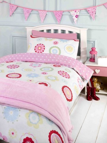 Homespace Direct Molly Pink Green Girls Flowers Bright Junior Duvet Quilt Cover Cot Bed Set