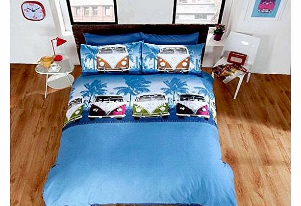 Homespace Direct VW Camper Van Duvet Cover Quilt Bedding Set, Blue, Double