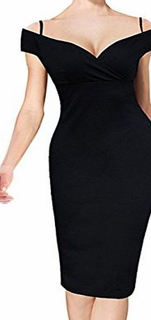 HOMEYEE Womens Vintage Floral Print Off Shoulder Strappy Knee Length Bodycon Pencil Dress B309 (14, Black)