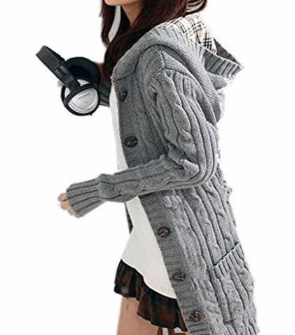 Hoofun Minetom Ladies, Womens Cable Knit Sweater With Button Grandfather Long Arm Hooded Gray