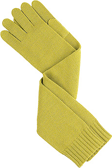 Lime elongated wool gloves.