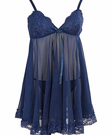 Hotportgift Hot Sexy Ladies Lace Transparent Lingerie Shawl Nightwear Underwear Sleepwear Baby doll Chamise With G-string (M(UK8-10), Blue)