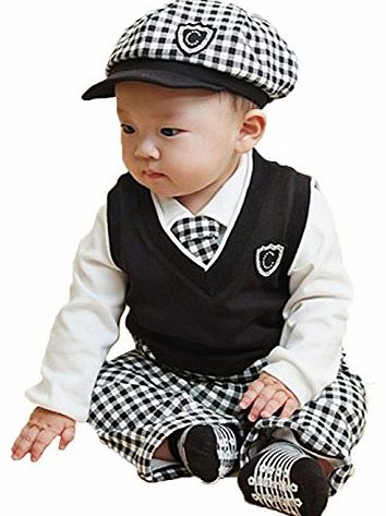 Kids Baby Boy 5pcs Hat + Pants + White Shirt + Vest + Tie suit Party Baptism Clothes (80(Advice6-12 month))