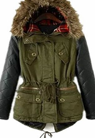 Hotportgift Women Winter Warm Faux Leather Sleeves Hoodie Parka Jacket Coat Outerwear (L ( UK M), Army Green)