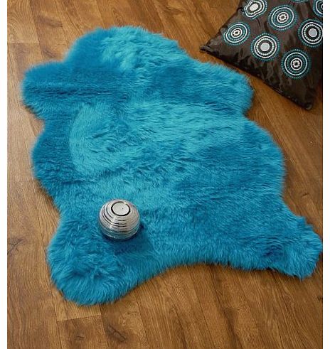 Teal blue aqua faux fur single sheepskin style rug 70 x 100 cm