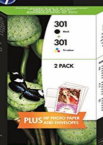 HP 301 Content Combo Pack - 2 Standard Capacity Ink Cartridges (Black/Tri-Colour) with Photo Paper and Envelopes