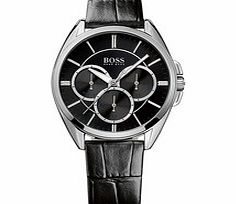 Silver-tone and black leather watch