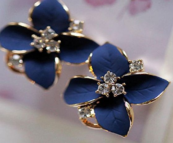 HuntGold 1Pair Flower Earring Fashion Women Ladies Rhinestone Ear Stud Earring(blue)