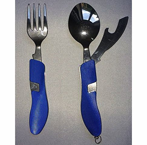 Huntington 4-Piece Camping Fork/Knife/Spoon/Bottle Opener Set, metal, blue