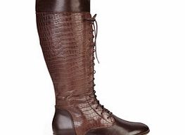 Brown croc-effect leather lace-up boots