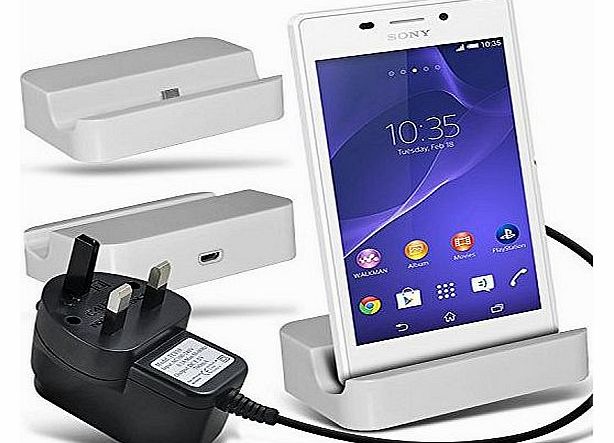 ( White + Mains Charger ) Sony Xperia M2 Aqua Premium Stylish Micro USB Desktop Charging Dock Mount Stand With Micro USB CE Approved Mains UK 3 Pin Charger by i-Tronixs