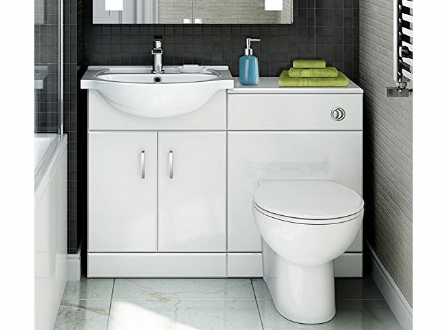 iBath Quartz - 1048 mm White Gloss Vanity Unit Round Toilet Bathroom Sink Storage Furniture