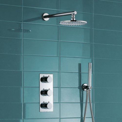 Round Thermostatic Mixer Shower Set 2 Way Valve with 8`` Shower Head + Hand Held