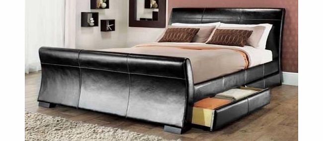 Ickoni New Stunning Double Black Faux Leather Sleigh Bed With 4 Drawers - Ideal For Extra Storage WS