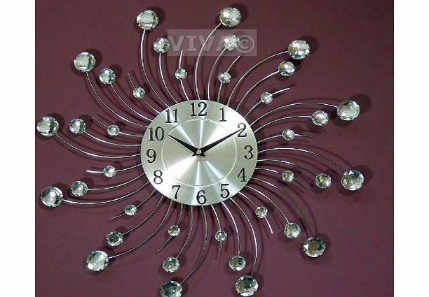 iclcok Large 45cm sunburst wall clock dimante effect clear beads jeweled metal 735b