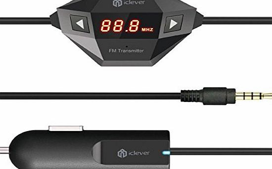 iClever IC-F27 In Car Universal Wireless FM Transmitter with USB Car Charger for Smartphone, MP3 MP4 and any Audio Player with 3.5mm Audio Jack including iPhone 5/5s/4/4s/Samsung S3 S4, HTC one, Motor