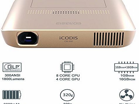icodis  CB-300 Pico Projector 1080p HD Video with DLP 1800 Lumen, Mini HDMI,30,000 Hour Led Life, Portable Pocket Movie and Entertainment Home Theater