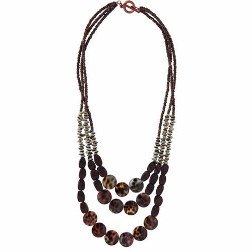 Icon Ladies Icon 3 Tier Wood and Shell Necklace Brown