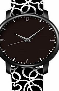 iCreat Quartz Stylish Around Leather Bracelet Lady Woman Wrist Watch Black Dial Black Case Watchband Design With Elegant And Stylish Black And White Texture