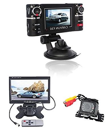 iCrown (TM) 2.7 inch TFT LCD Screen HD Dual Camera Lens Car Vehicle DVR Dash Cam with Night Vision IR LED   Waterproof Car Rear View Camera with 7 inch LCD Monitor