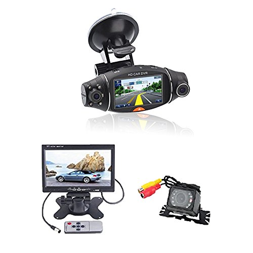 (TM) 2014 Car DVR 2.7`` TFT 270 Degree Rotating Dual Camera Lens HD Car DVR & GPS Module & SD Slot + 32GB SD Card + Waterproof Car Rear View Camera with 7 inch LCD Monitor